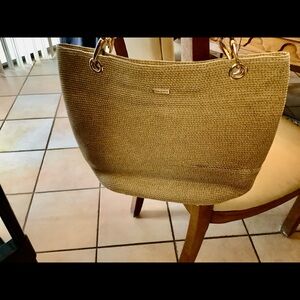 Erica Javits Tan Squishee Tote w/brass hardware.